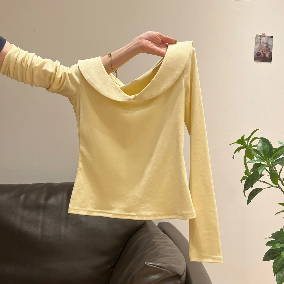 奶黄色甜辣妹翻领长袖T恤女2025秋季新款宽松百搭显瘦设计感上衣