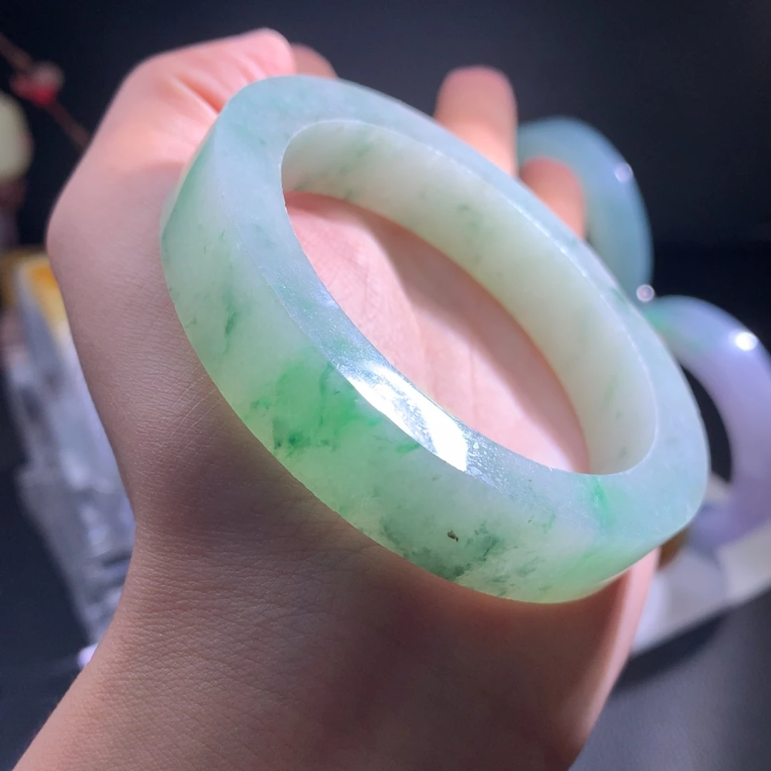 定制翡翠未镶嵌手镯金丝绿56-58