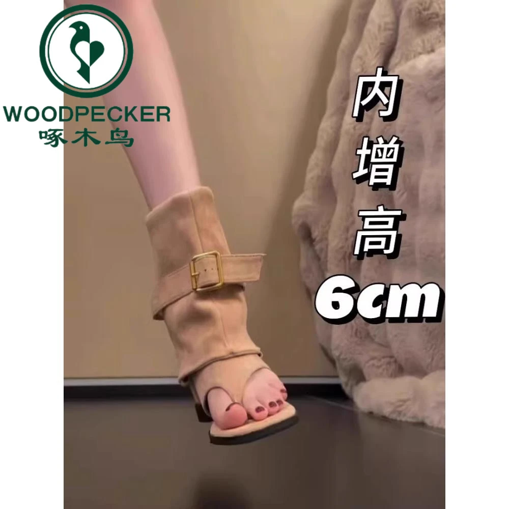 啄木鸟小个子内增高露趾夹脚凉鞋夏季新款西部显瘦中筒堆堆靴女