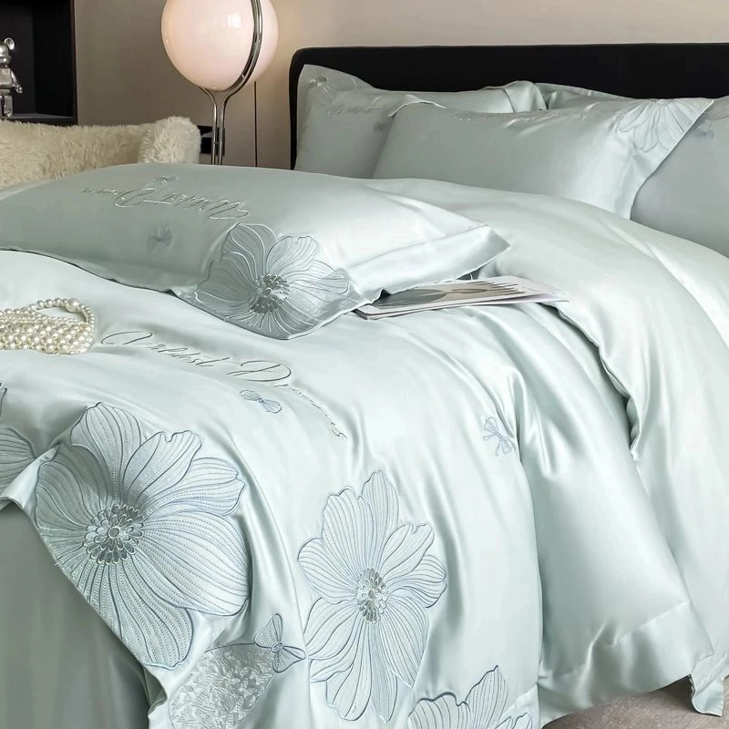 富安娜轻奢风160s双面冰丝四件套小清新绣花被套床单床笠床上用品