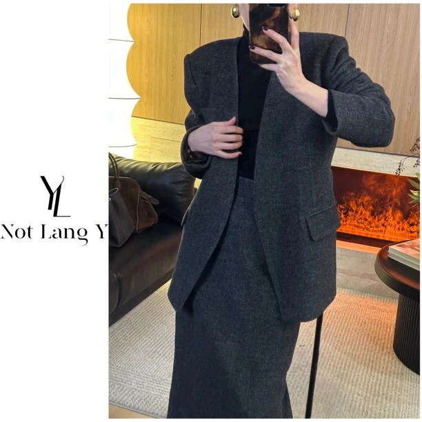 LangY 2025秋冬极简无领夹棉毛呢外套
