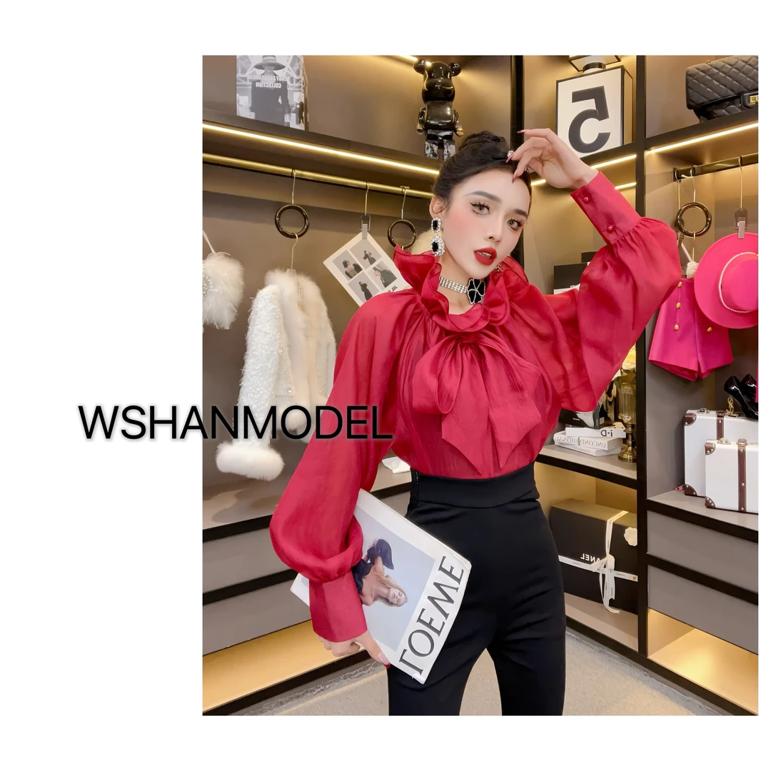 新wss女装-2024秋冬荷叶边系带领衬衫气质时尚百搭法式长袖上衣女