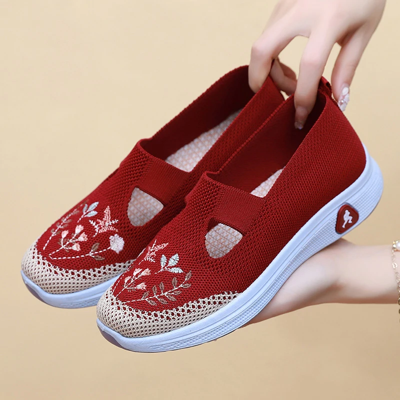 夏季老北京布鞋女妈妈鞋透气网面飞织舒适软底一脚蹬休闲单鞋