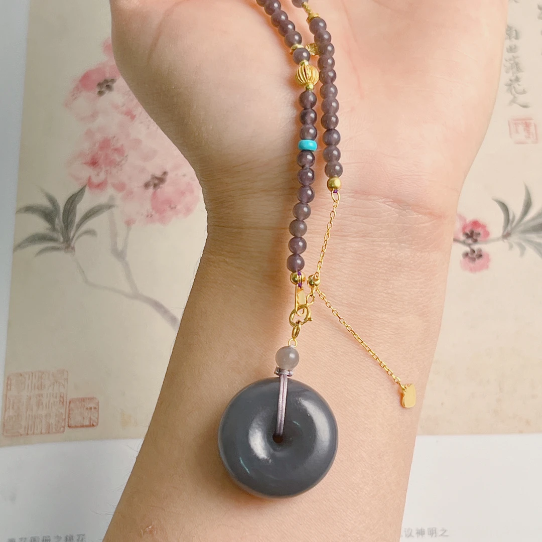 正宗天然和田玉青海平安扣烟紫吊坠挂坠项链