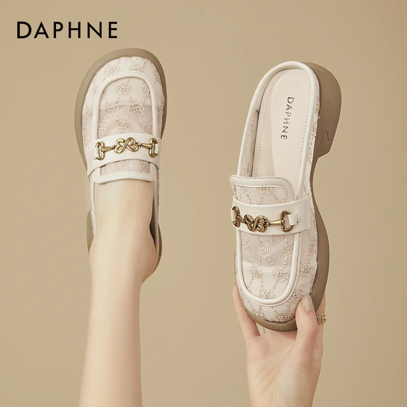 达芙妮包头半拖鞋女夏季外穿2025新款爆款小香风网纱透气穆勒凉拖