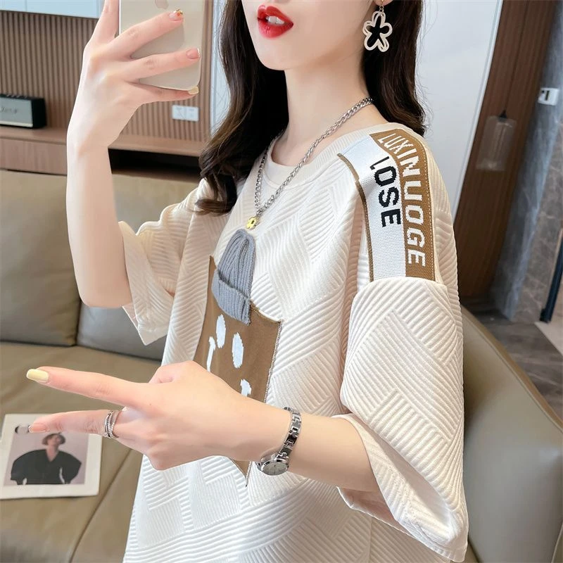 中长款潮流短袖t恤女设计感小众夏大码贴布卡通笑脸提花半袖上衣
