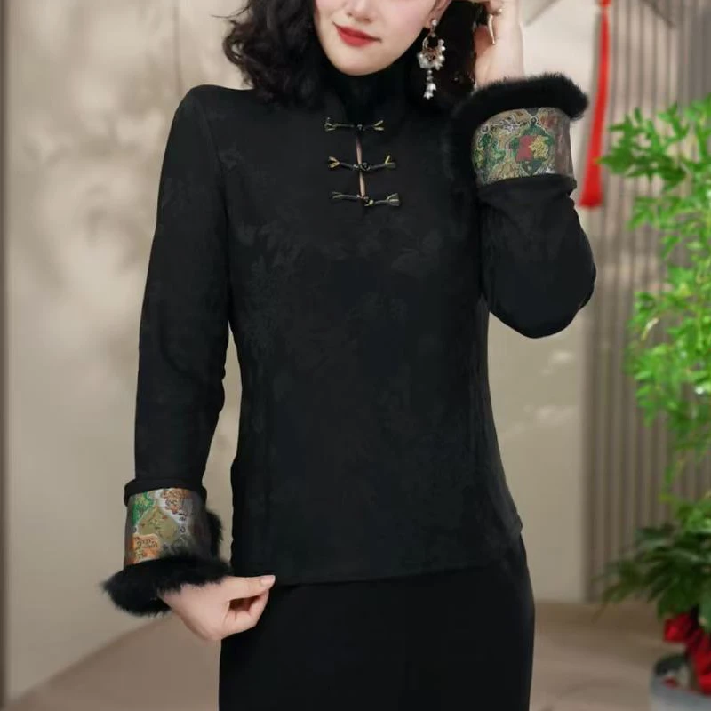 新中式拼接长袖加绒唐装上衣常规款复古中国风立领冬款提花打底衫
