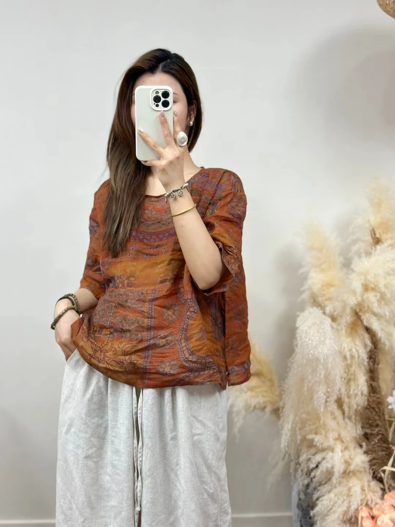 【小雨原创】7122花色苎麻短款圆领衫（衣长60左右，胸围120左右）