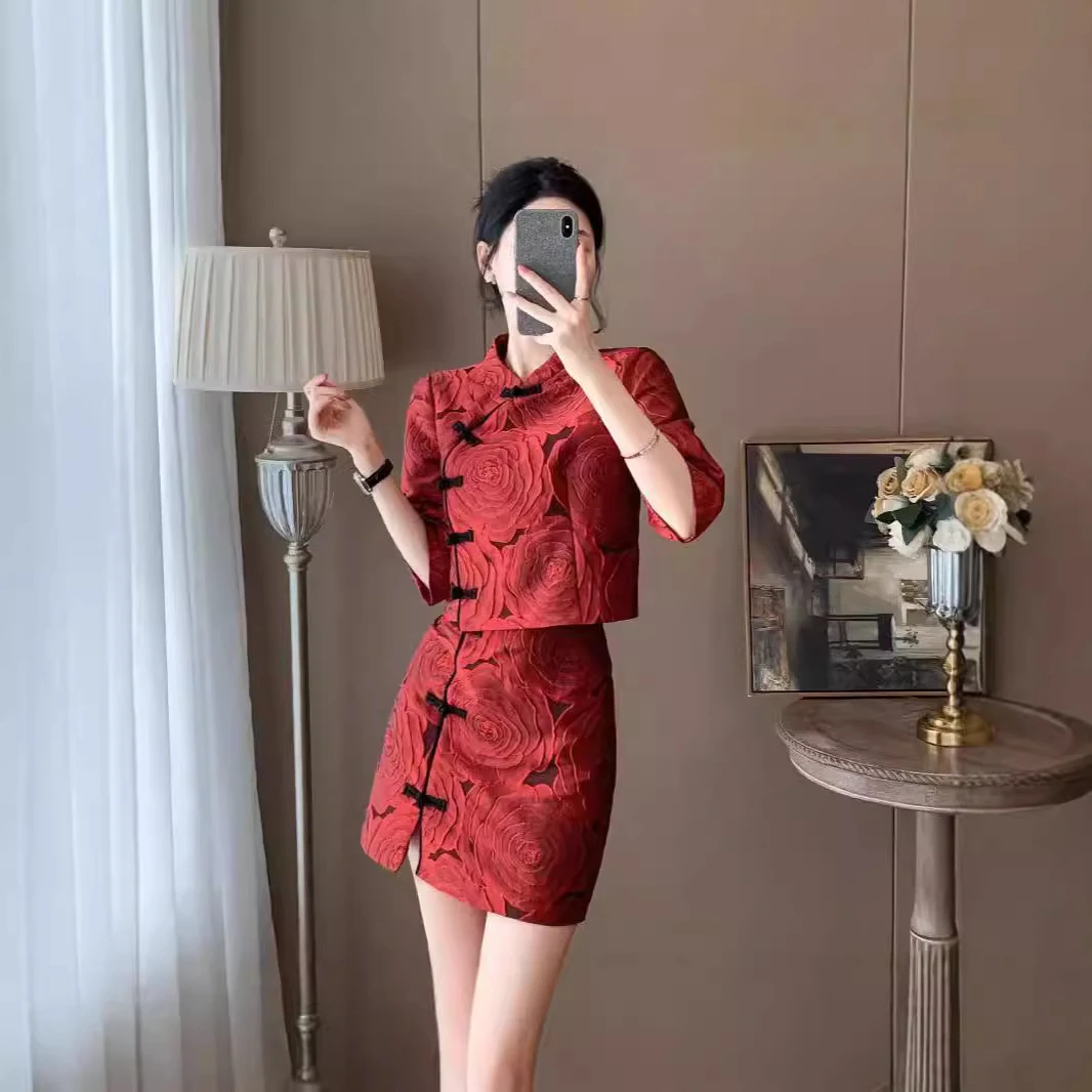 新中式国风复古改良旗袍连衣裙女早秋小个子收腰显瘦提花气质短裙