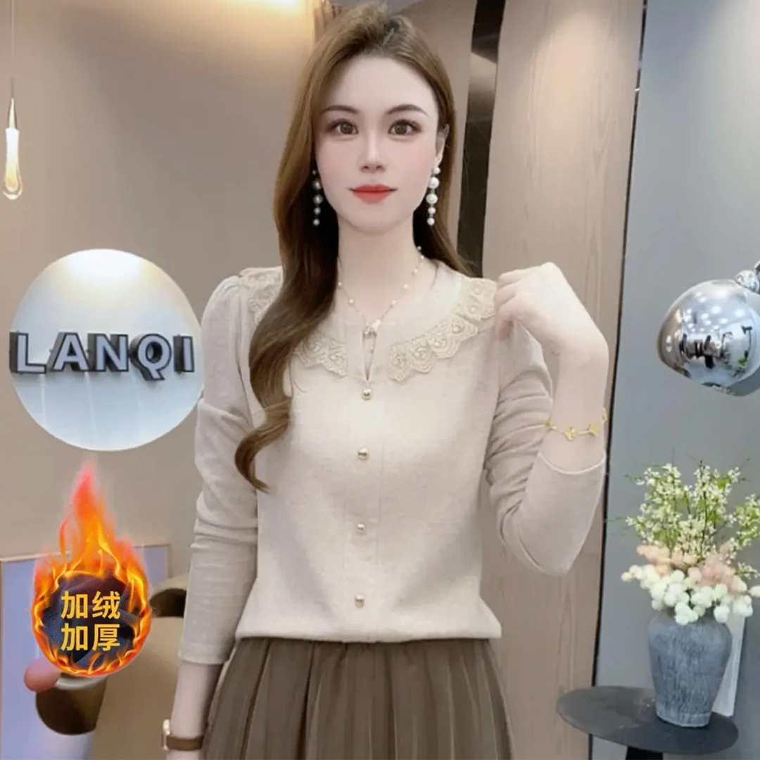 时尚加绒长袖T恤女2025秋冬新款洋气减龄显瘦百搭蕾丝花边打底衫