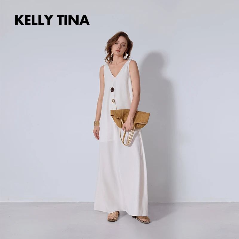 KELLY TINA两面穿无袖天丝亚麻度假连衣裙气质宽松