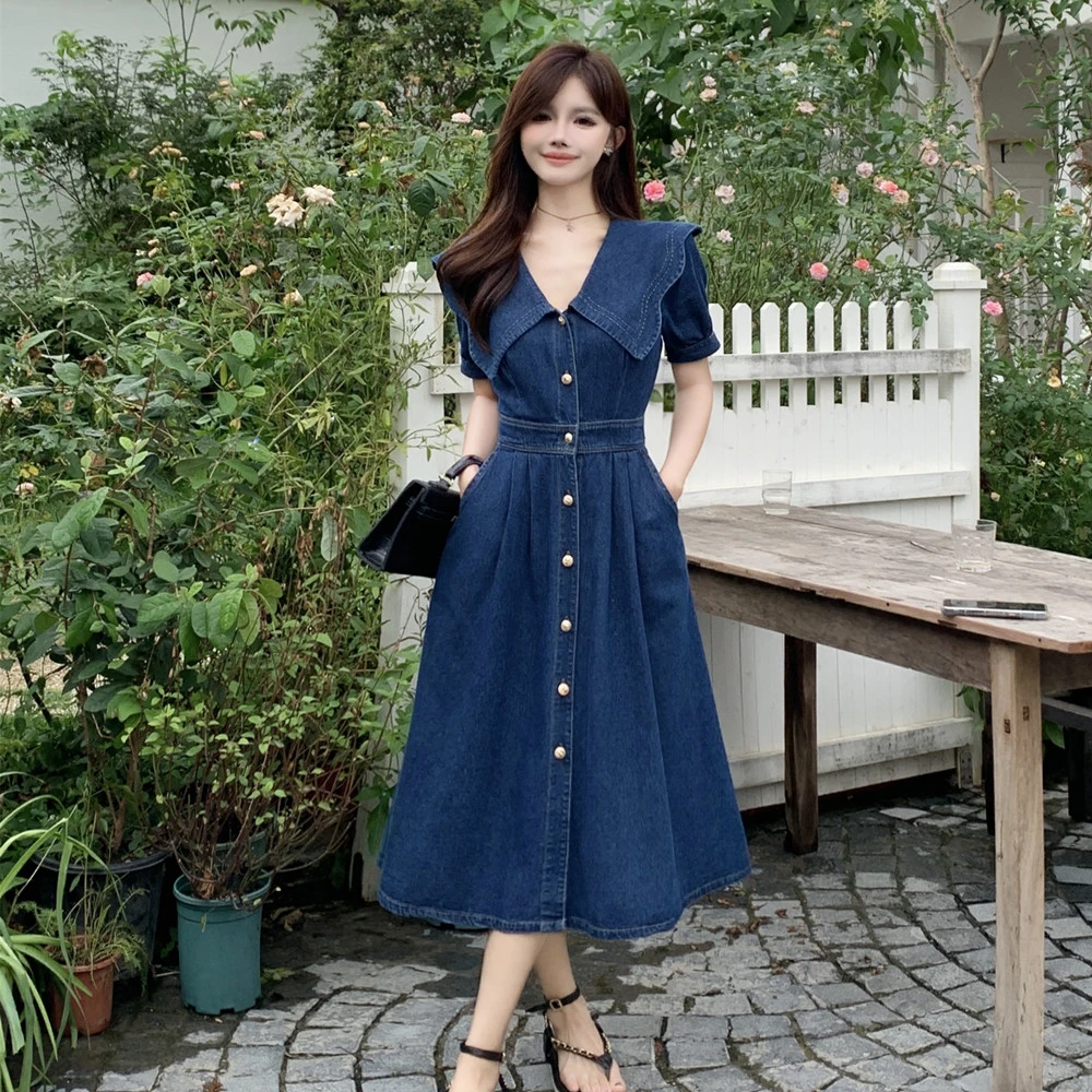 大码女装胖MM收腰显瘦牛仔连衣裙简约韩版淑女长款A字裙时尚小众