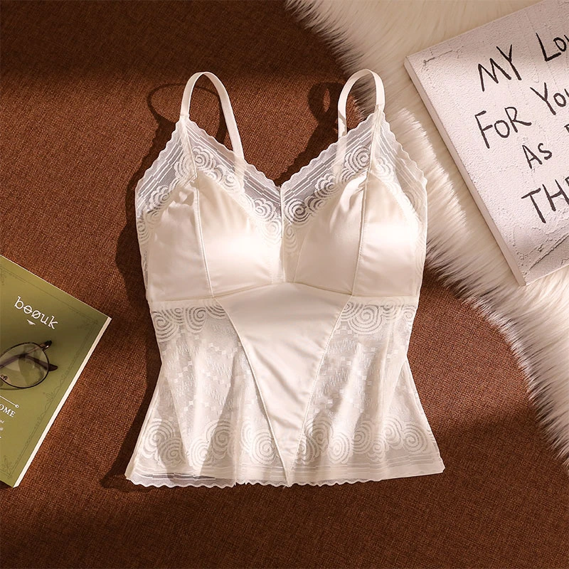 性感蕾丝拼接缎面吊带背心女冬季内搭带胸垫镂空美背无袖打底上衣