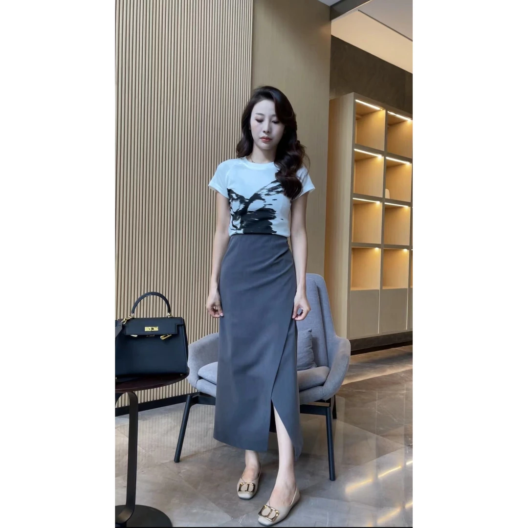 【梦婷家】新款中高腰显瘦不规则开叉西装半身裙-24316