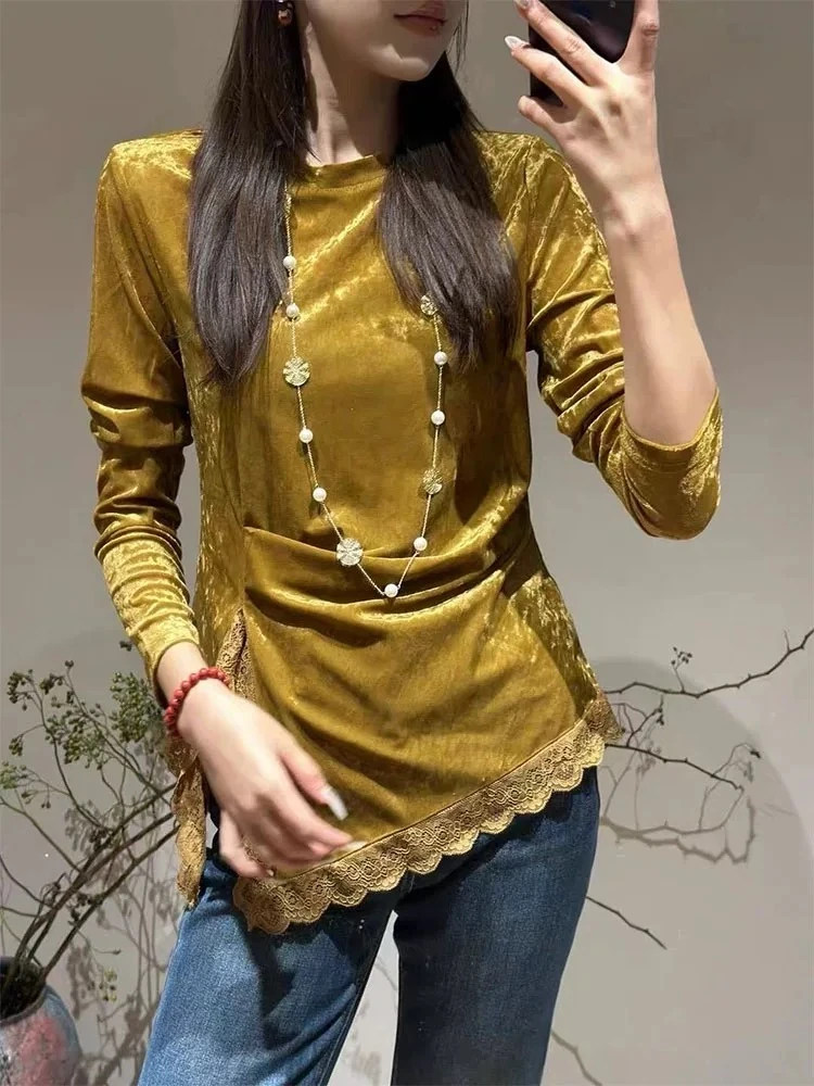 新中式蕾丝开叉下摆长袖打底衫E秋季时尚国风设计感修身显瘦小衫