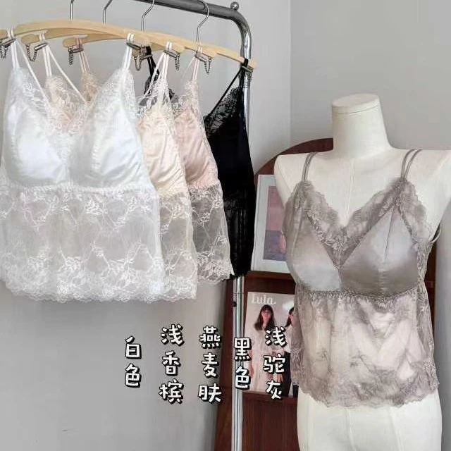 时尚百搭蕾丝拼接夏季美背吊带背心带修身胸垫可内搭外穿
