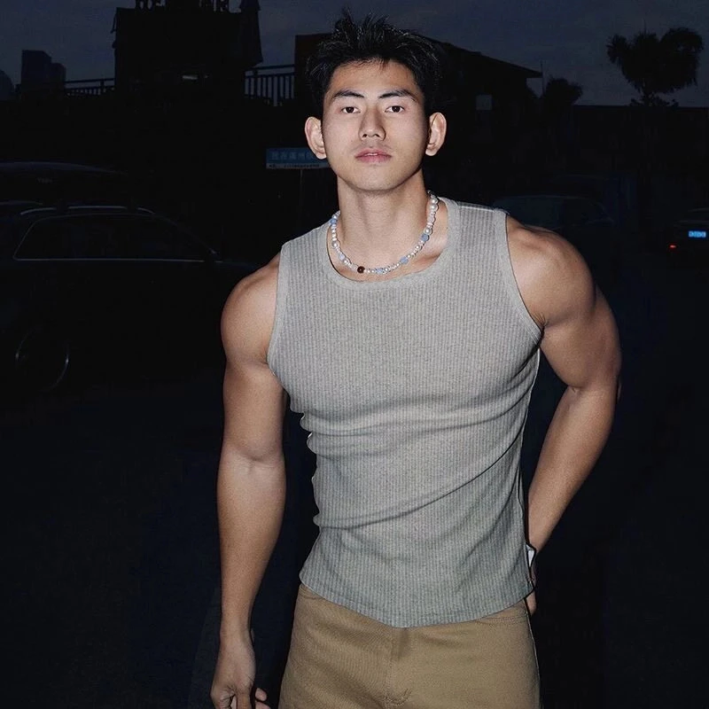 灰色背心男士夏季弹力修身无袖t恤加粗螺纹运动健身吸汗训练坎肩