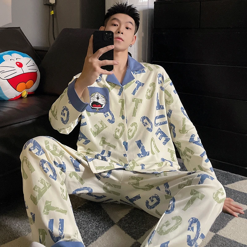睡衣男款春秋季长袖卡通哆啦A梦青少年开衫套装新款爆款家居服夏