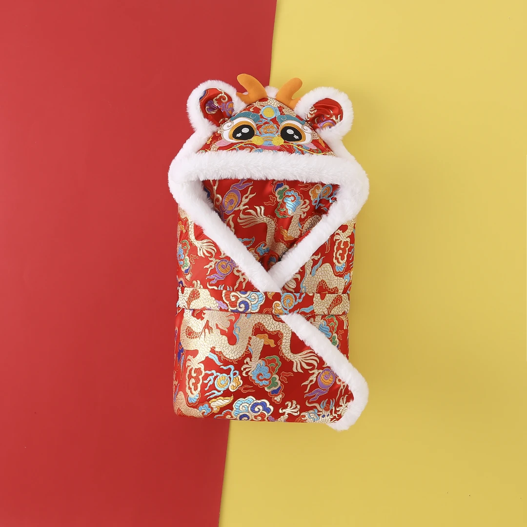 【龙角抱被】民族手工虎头龙角包被婴儿冬季保暖连帽抱被满月百天