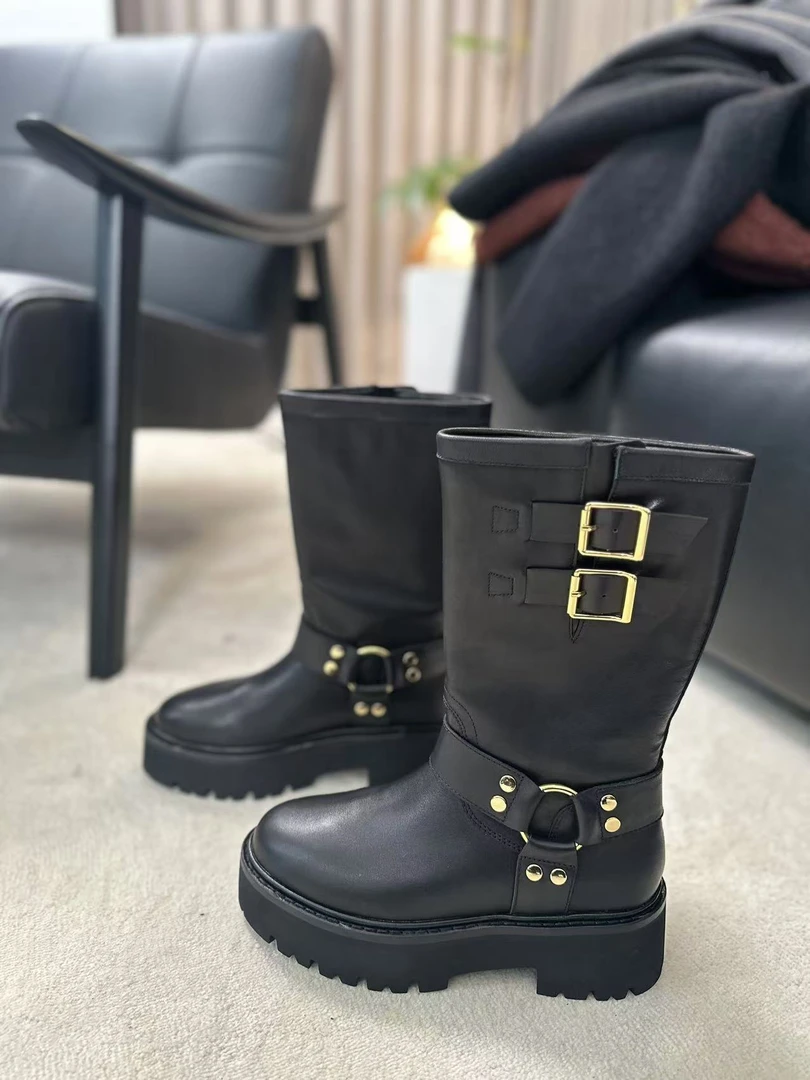 【柳青女装】2024秋冬季新款厚底骑士靴增高中筒粗跟朋克靴