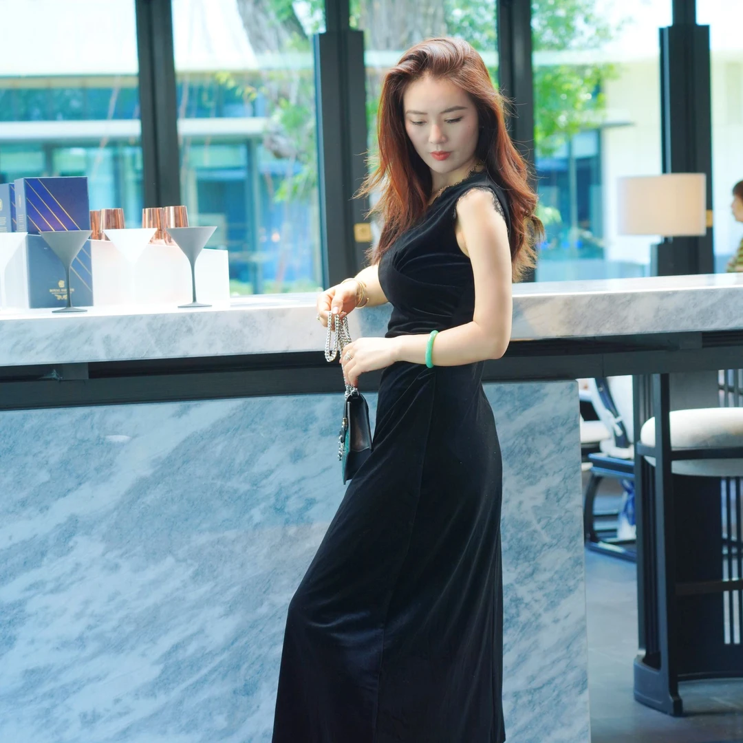 中长裙短袖V领法式拉链连衣裙显瘦晚礼服黑色无袖