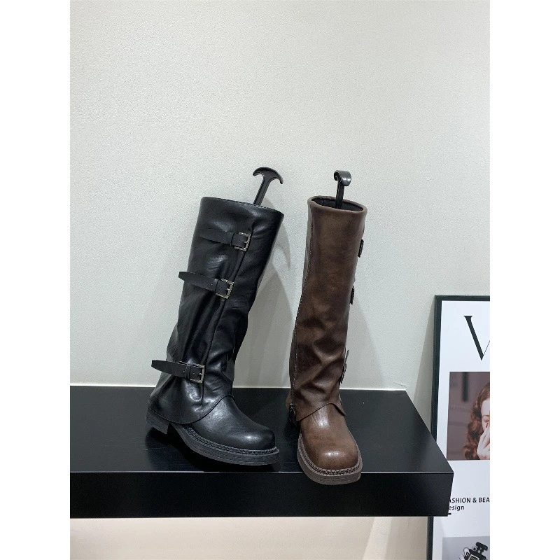 厚底棕色美拉德长筒骑士靴女靴子2025新款秋英伦风棕色厚底中筒靴