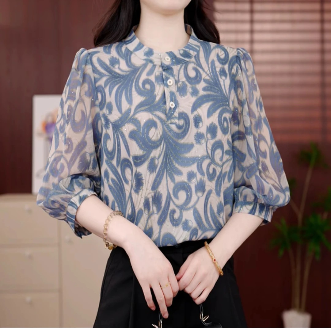 原版洒银工艺2025新款夏季复古轻奢优雅减龄百搭修身气质衬衫0511