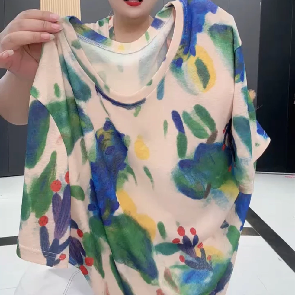 夏季女短袖云朵圆领印花染色常规百搭夏季风格显瘦气质时尚-3103