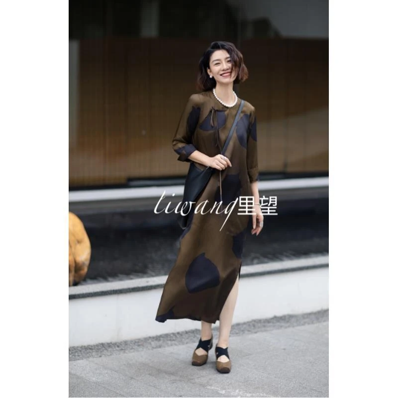 Li Wang/设计师款 猫咪印花系列 复古气质旗袍连衣裙