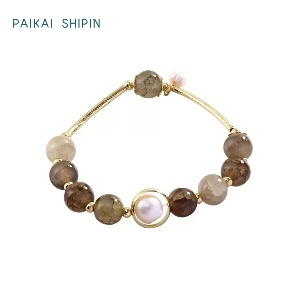 铁陶瓷手链 法式简约金色图片款小众精致气质复古仿珍珠手链轻奢