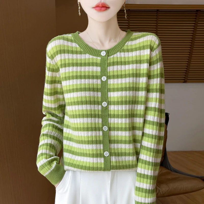 哥弟阿玛施正品2025秋冬新款彩色条纹羊毛开衫女宽松休闲百搭外套