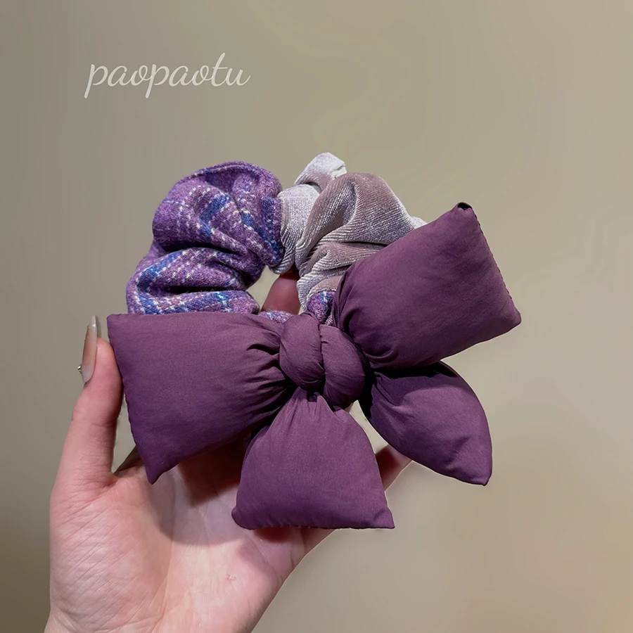 洋气紫色充棉立体蝴蝶结大肠圈丝绒棉拼接发绳秋冬新款可爱风头绳