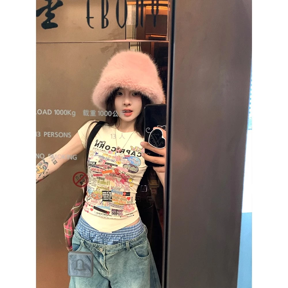 卡通印花短袖正肩T恤女夏季修身小个子收腰紧身美式辣妹短款上衣