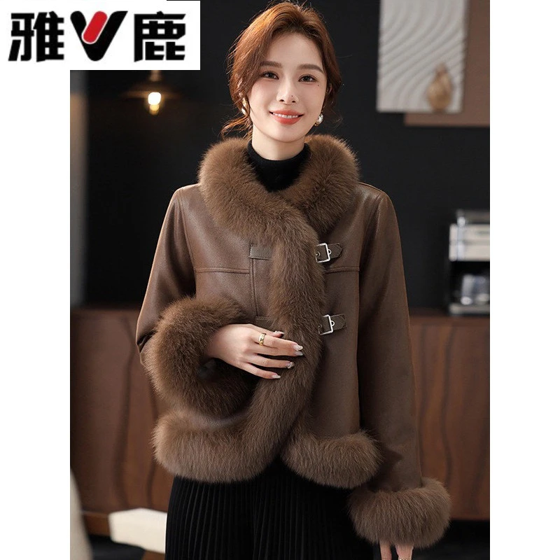 雅鹿冬季毛领保暖羽绒服中古风高级感环保皮草大衣女气质百搭长袖