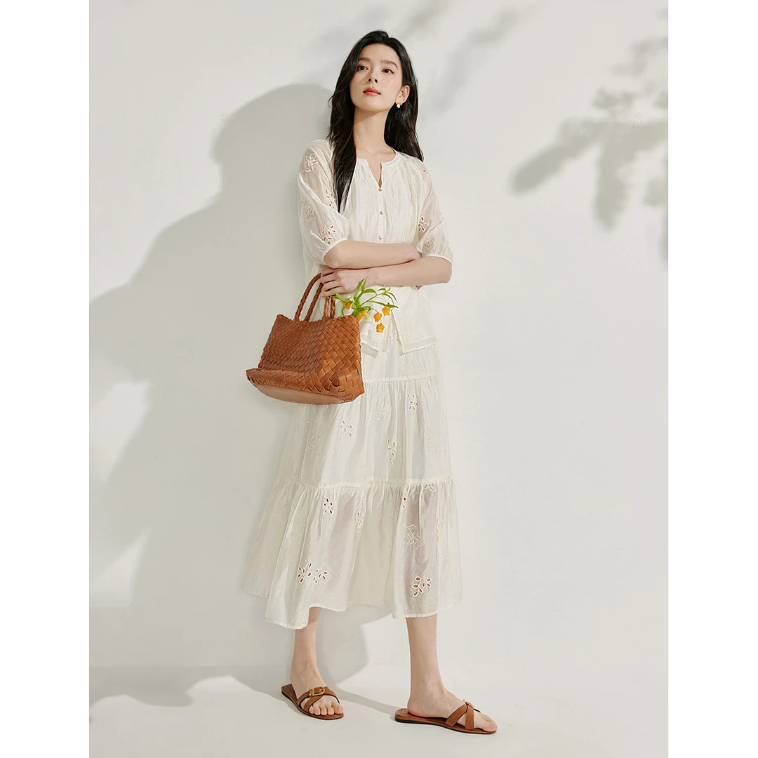 【欧若智性风】茵曼夏莱赛尔套装宽松镂空刺绣圆领衬衣七分袖半身裙