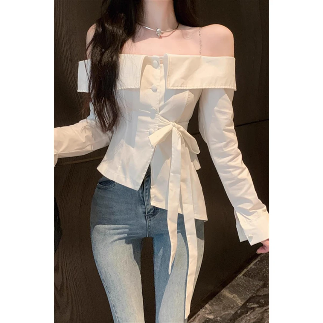 韩版法式收腰显瘦一字肩吊带衬衫露肩绑带时尚百搭衬衣春季新