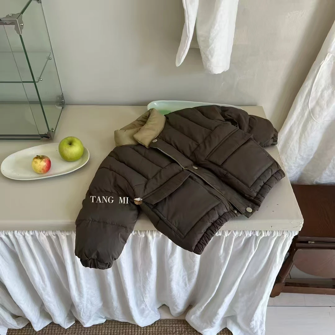 菜菜家童装tm拼色领深咖羽绒服81350