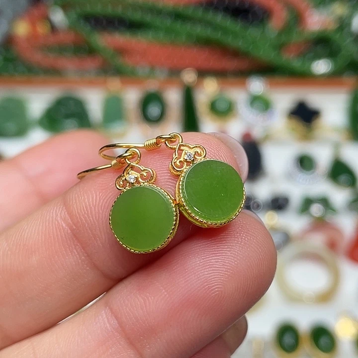 和田玉（碧玉）银S925镶嵌耳饰