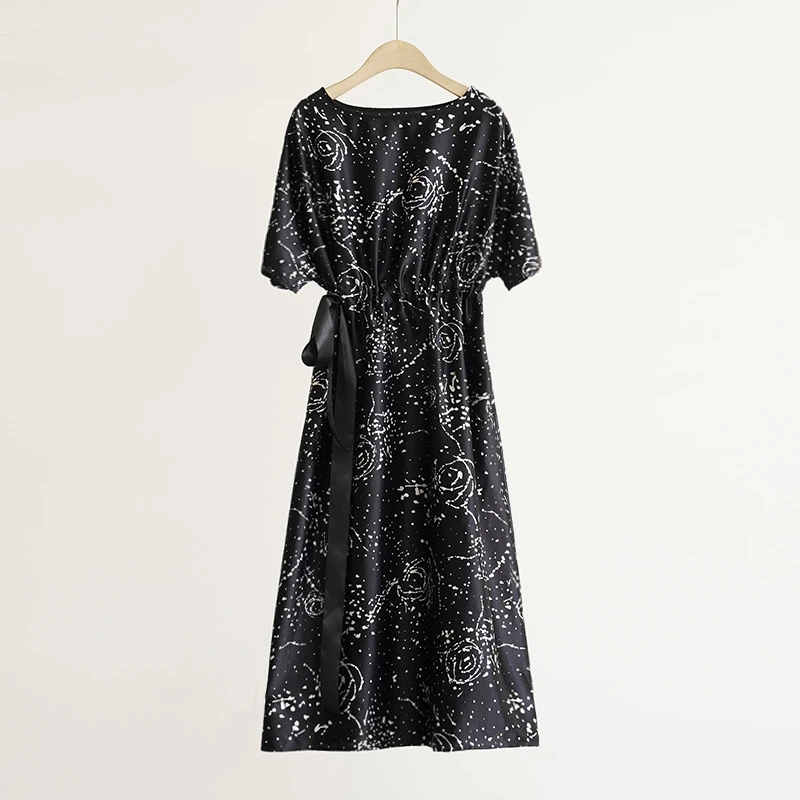 【泼墨玫瑰】桑蚕丝法式满天星真丝长裙连衣裙（240686）