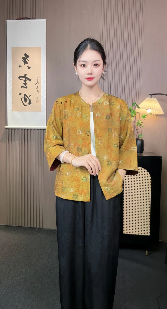 【金蕊漫衫】满分100蚕丝国风双面穿女上衣七分袖开衫