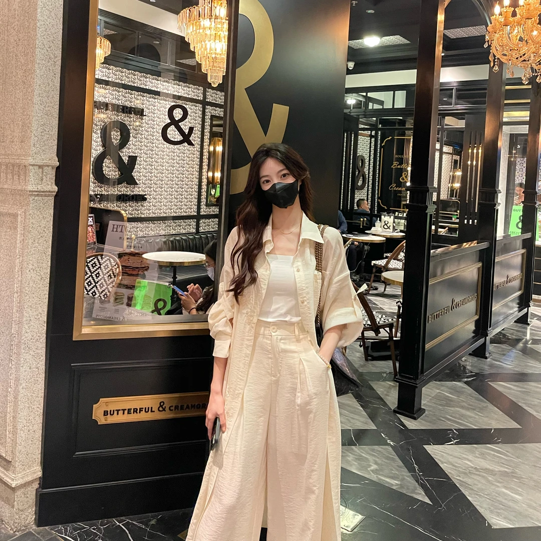 Liixu夏季新款中长款过膝长袖显瘦衬衫时尚阔腿裤两件套24C044