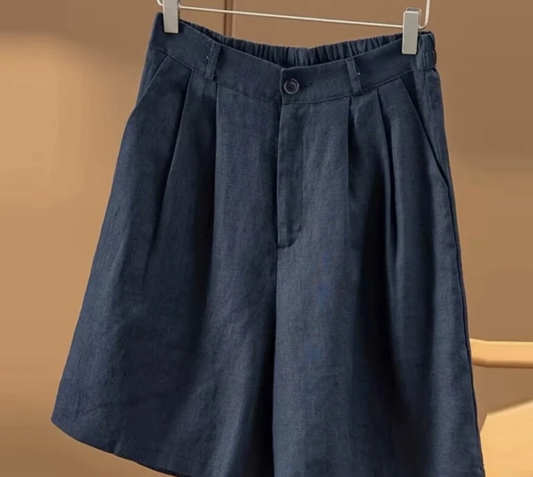 2025夏季显瘦莱赛尔松紧腰亚麻肌理感纯色亚麻A字阔腿短裤