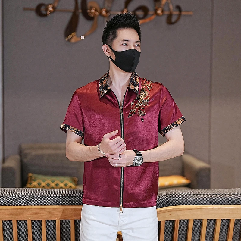 2025夏季新款男士高级缎面烫金蝶恋花复古潮流中式开衫短袖衬衫