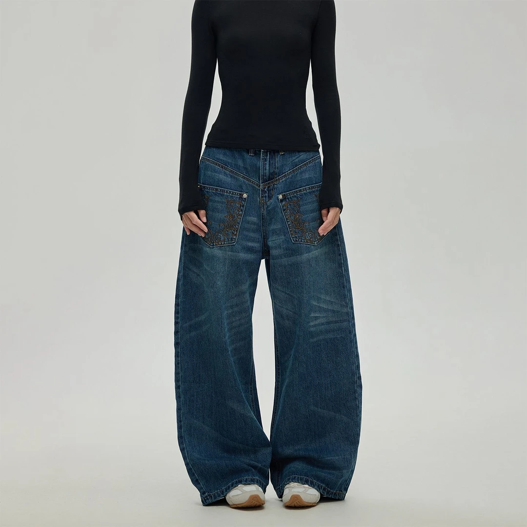 美式高街反穿错位解构刺绣牛仔裤小众复古设计感宽松休闲弯刀裤子