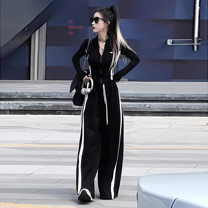 美式休闲运动套装女2025年春秋新款修身立领外套条纹阔腿裤两件套