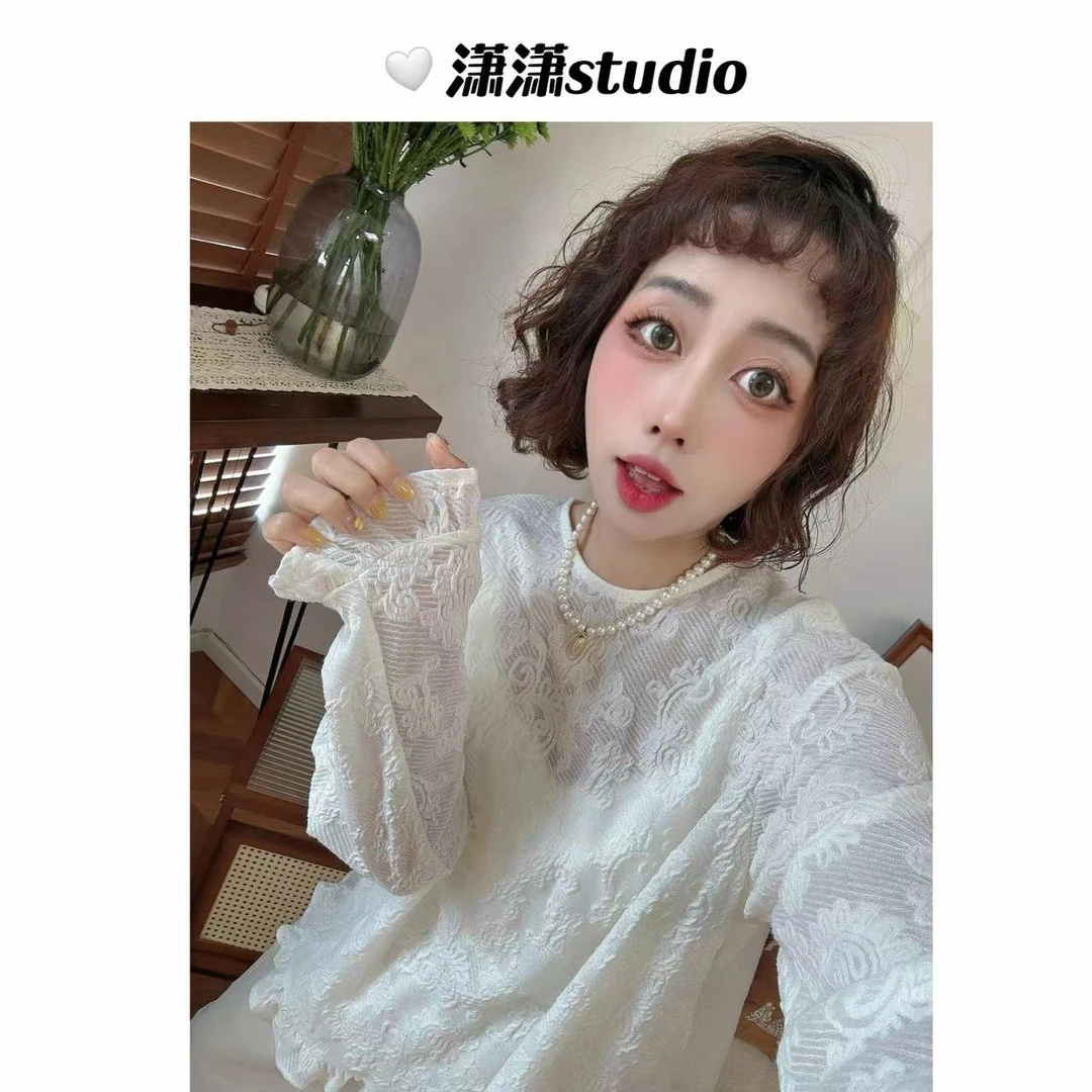 【雕花小T】潇潇定制雕花面料圆领下摆袖口花边韩版百搭衬衣XT85322