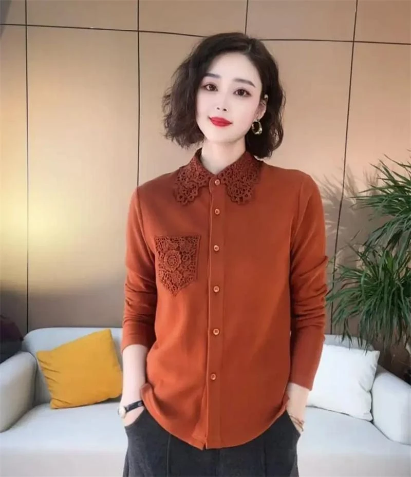 新款衬衣领衬衫口袋钩花双面奥绒保暖百搭显瘦休闲女士上衣1016