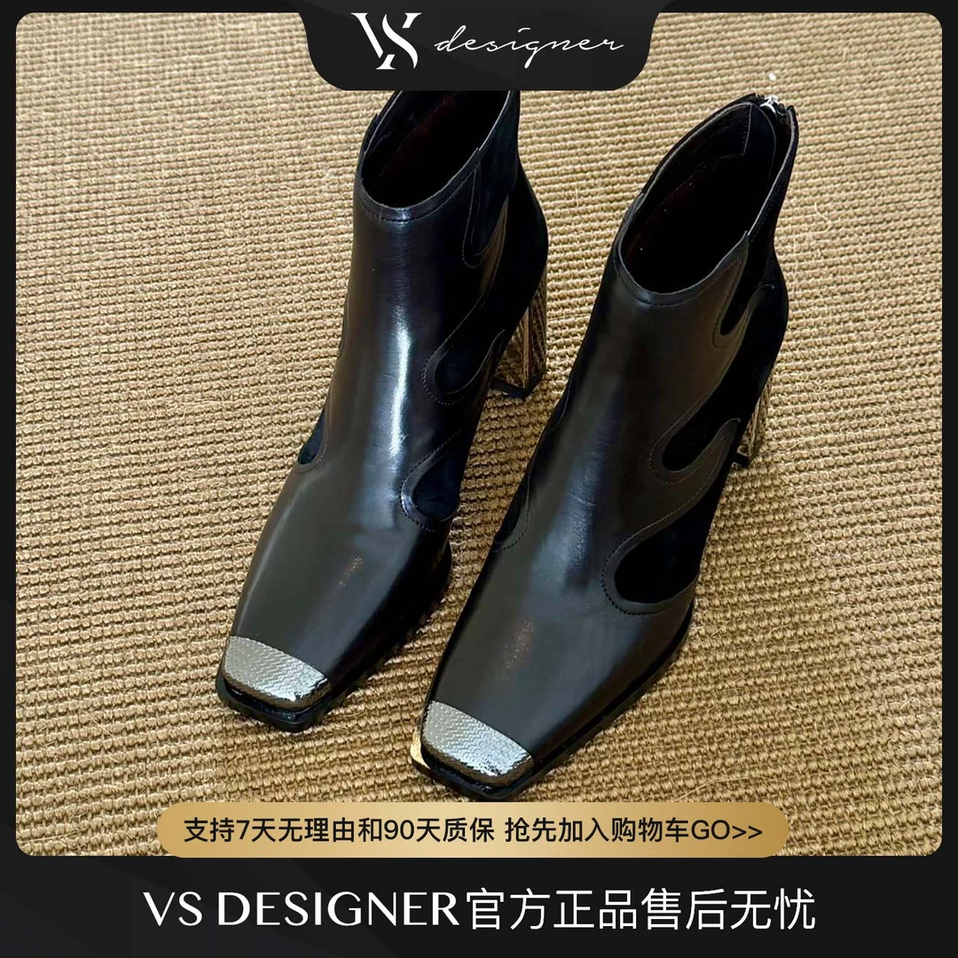 VS25秋季新款气质高级真皮气质时尚百搭方头中跟欧款时装靴