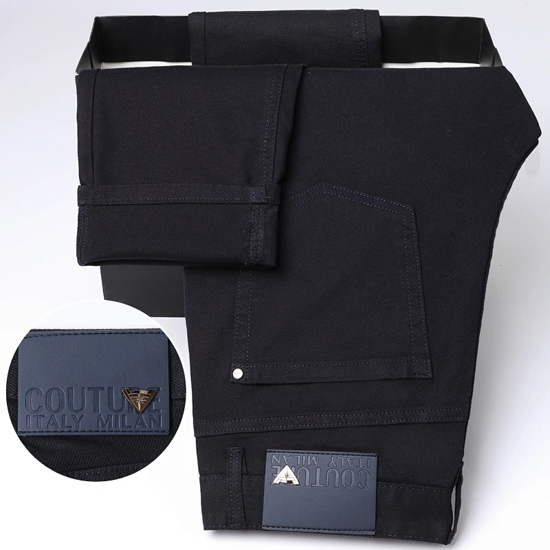 卢密洛布登高端黑色夏季休闲修身直筒牛仔裤百搭裤子男弹力藏蓝色