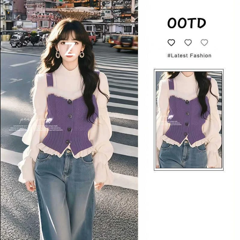 VOCKOO官方秋季小个子显瘦时尚套装女新款百搭小众假两件毛衣牛仔